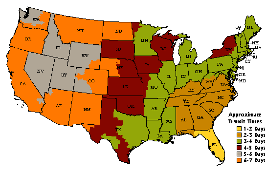 Map showing delivery times for different regions of the continental USA.